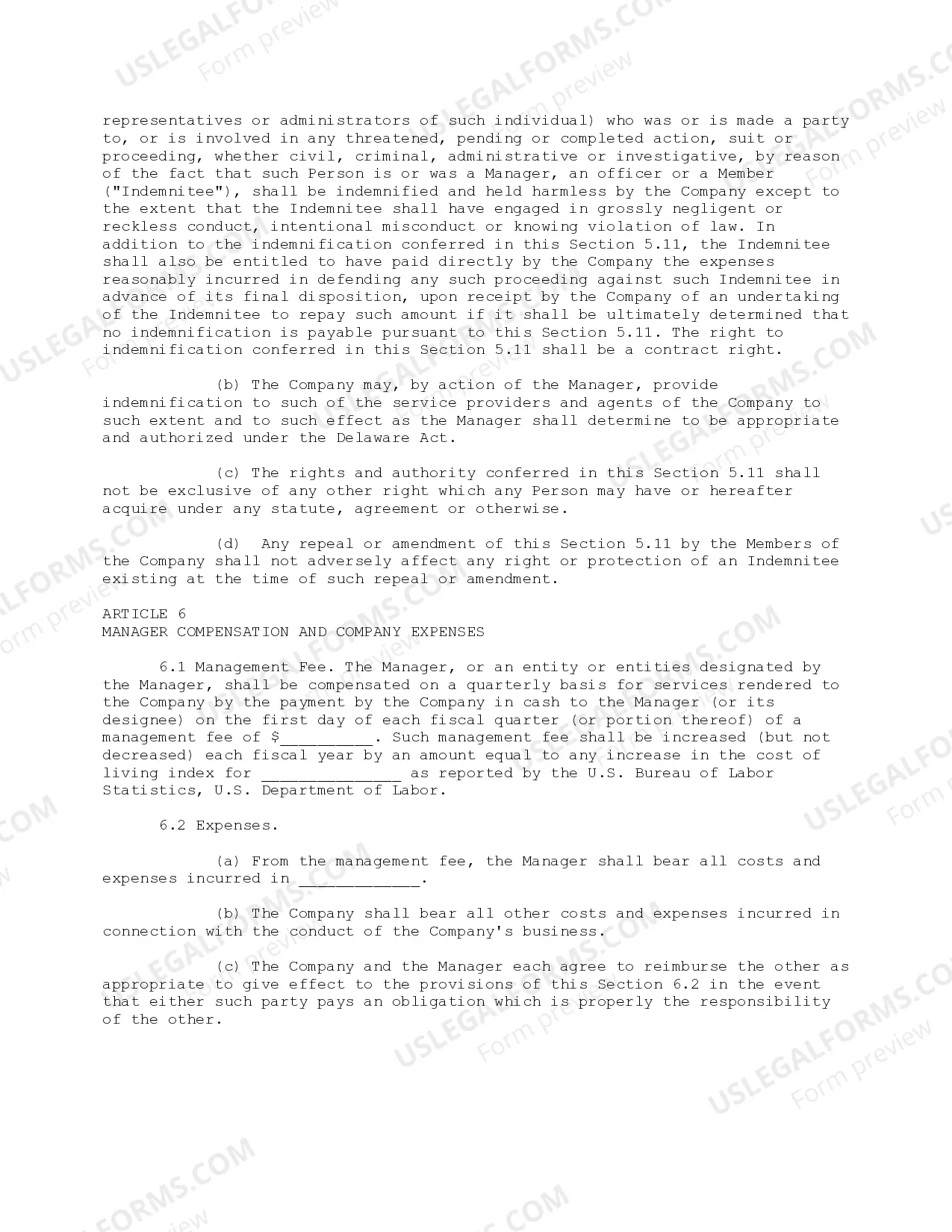 Preview Sample Limited Liability Company LLC General Operating Agreement