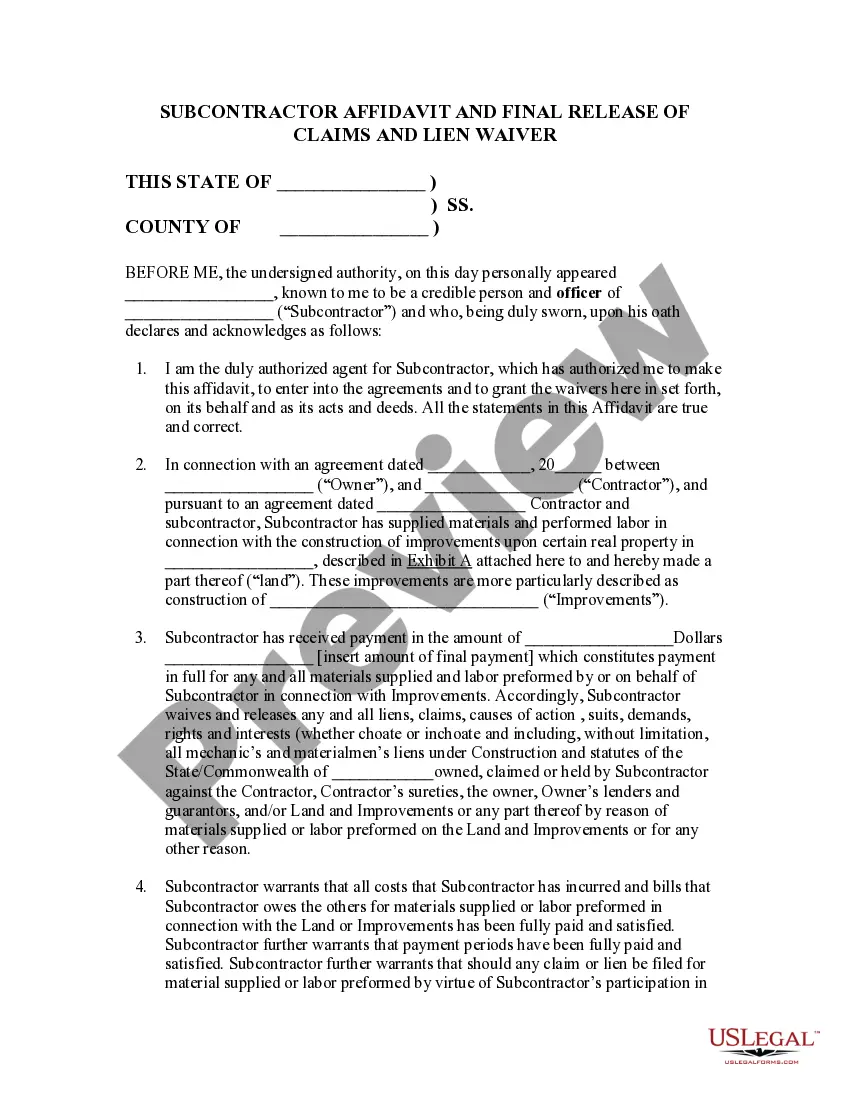 Preview Subcontrator Affidavit and Final Release of Claims and Lien Waiver