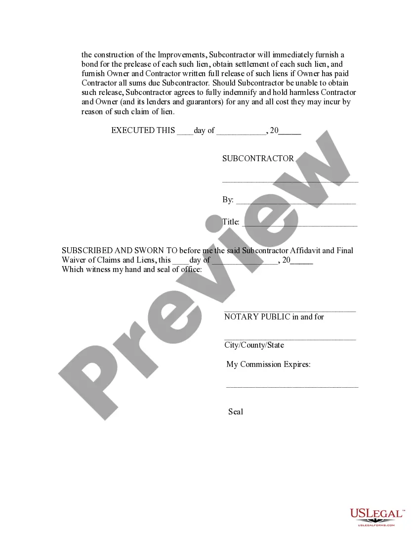 Get Subcontrator Affidavit and Final Release of Claims and Lien Waiver Preview Subcontrator Affidavit and Final Release of Claims and Lien Waiver