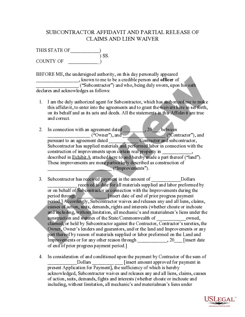 Preview Subcontrator Affidavit and Partial Release of Claims and Lien Waiver
