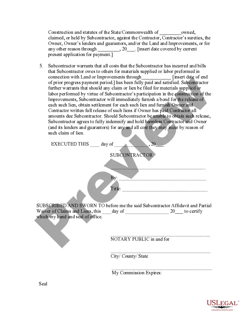 Get Subcontrator Affidavit and Partial Release of Claims and Lien Waiver Preview Subcontrator Affidavit and Partial Release of Claims and Lien Waiver