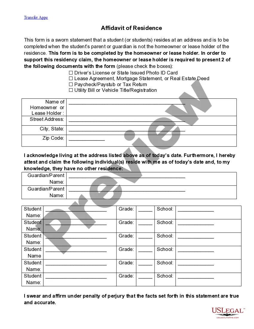 Preview Affidavit of Residence