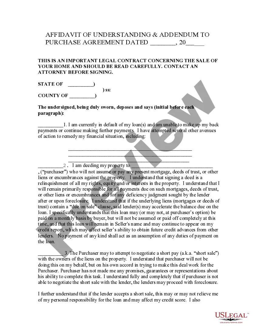 Get Affidavit of Understanding & Addendum to Purchase Agreement Preview Affidavit of Understanding & Addendum to Purchase Agreement