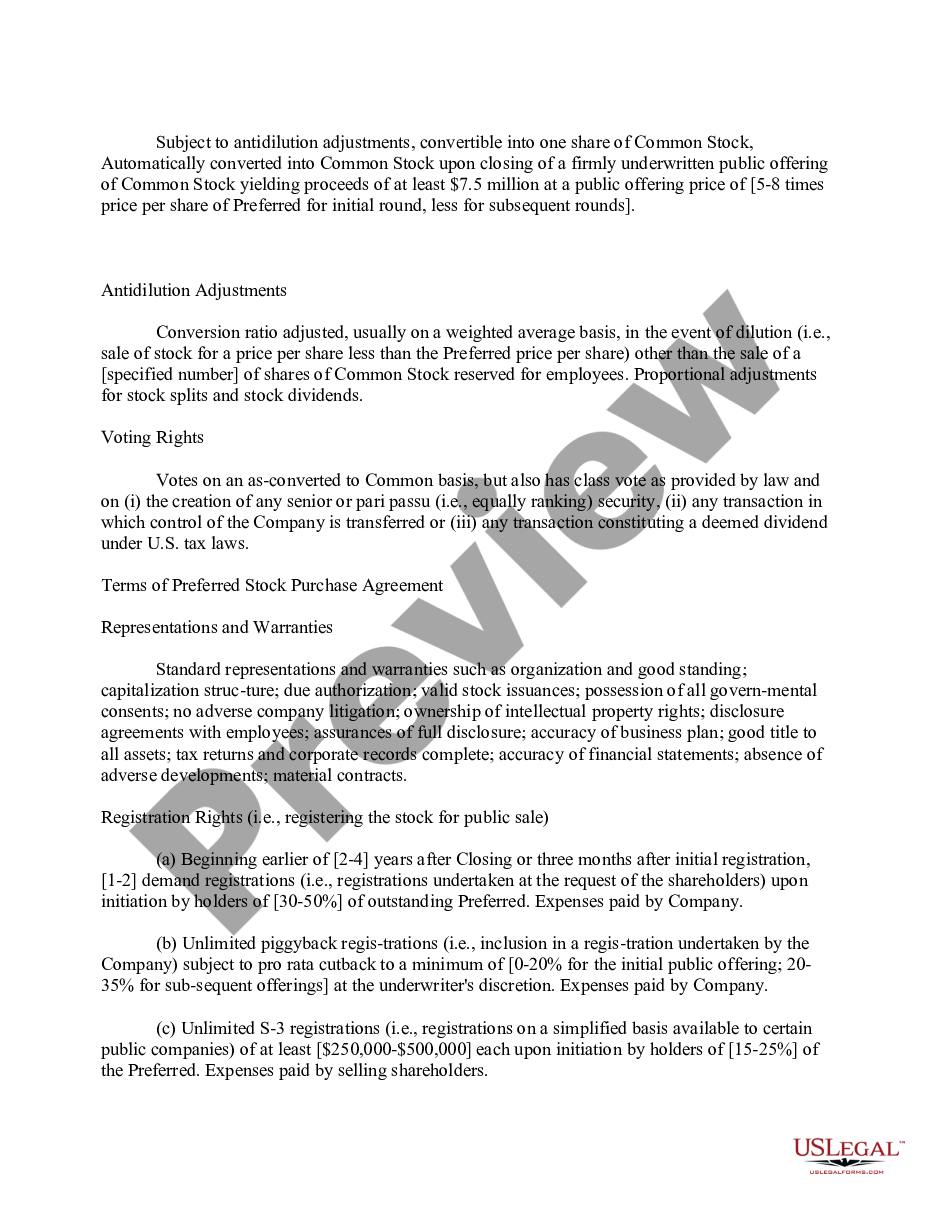 page 1 Term Sheet for Venture Capital Investment preview