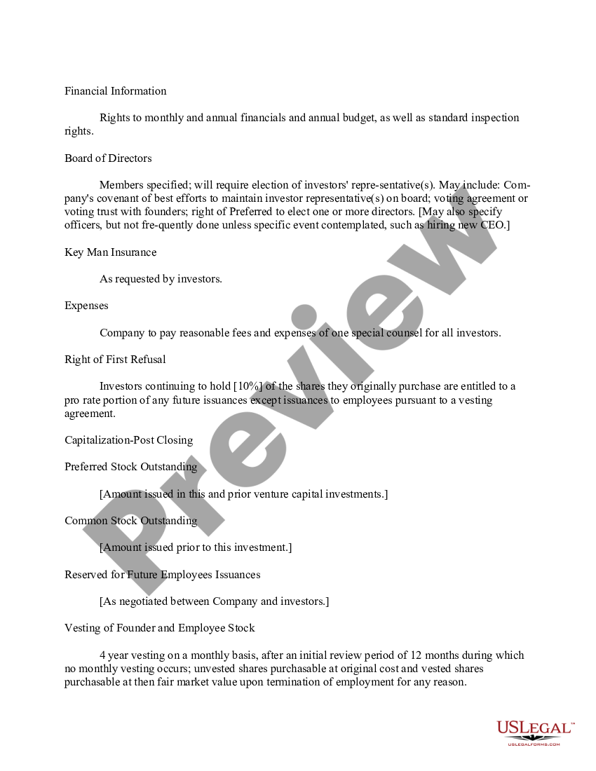 Hillsborough Florida Term Sheet for Venture Capital Investment US