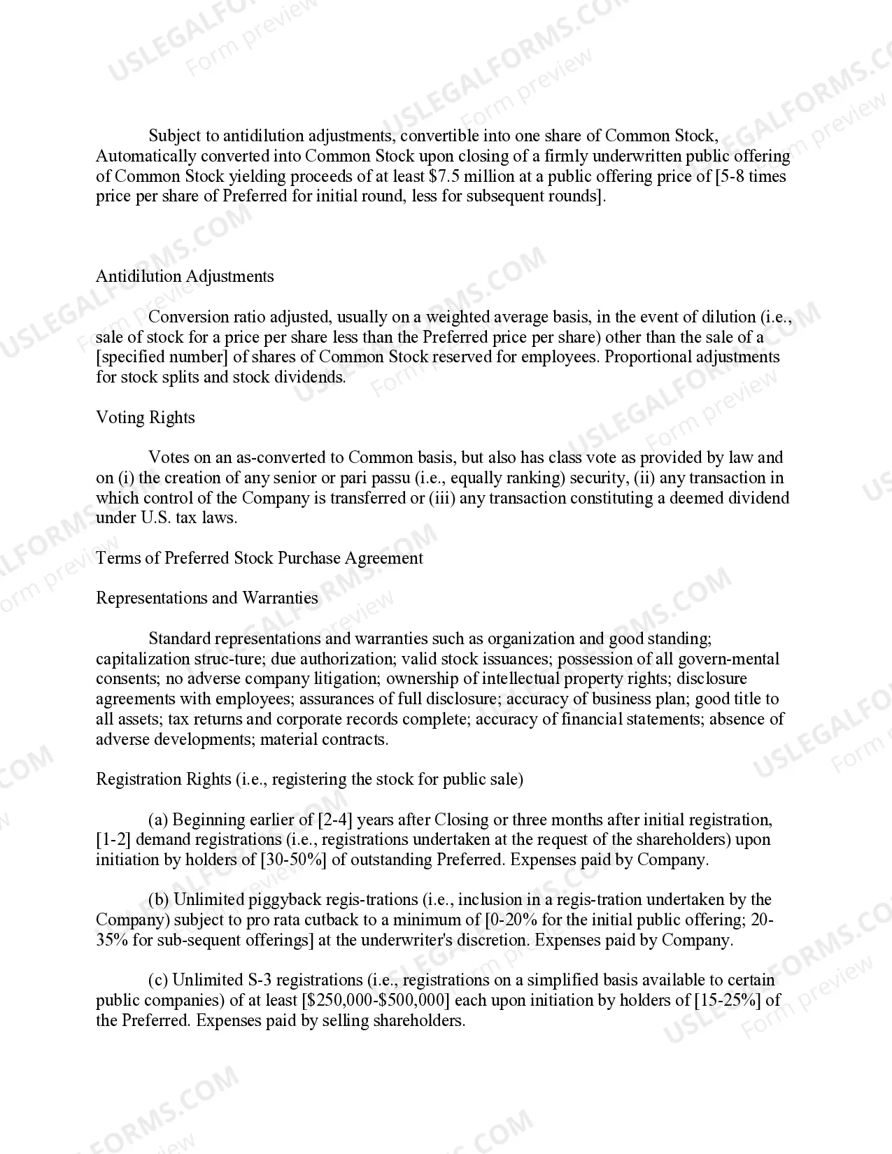 Preview Term Sheet for Venture Capital Investment