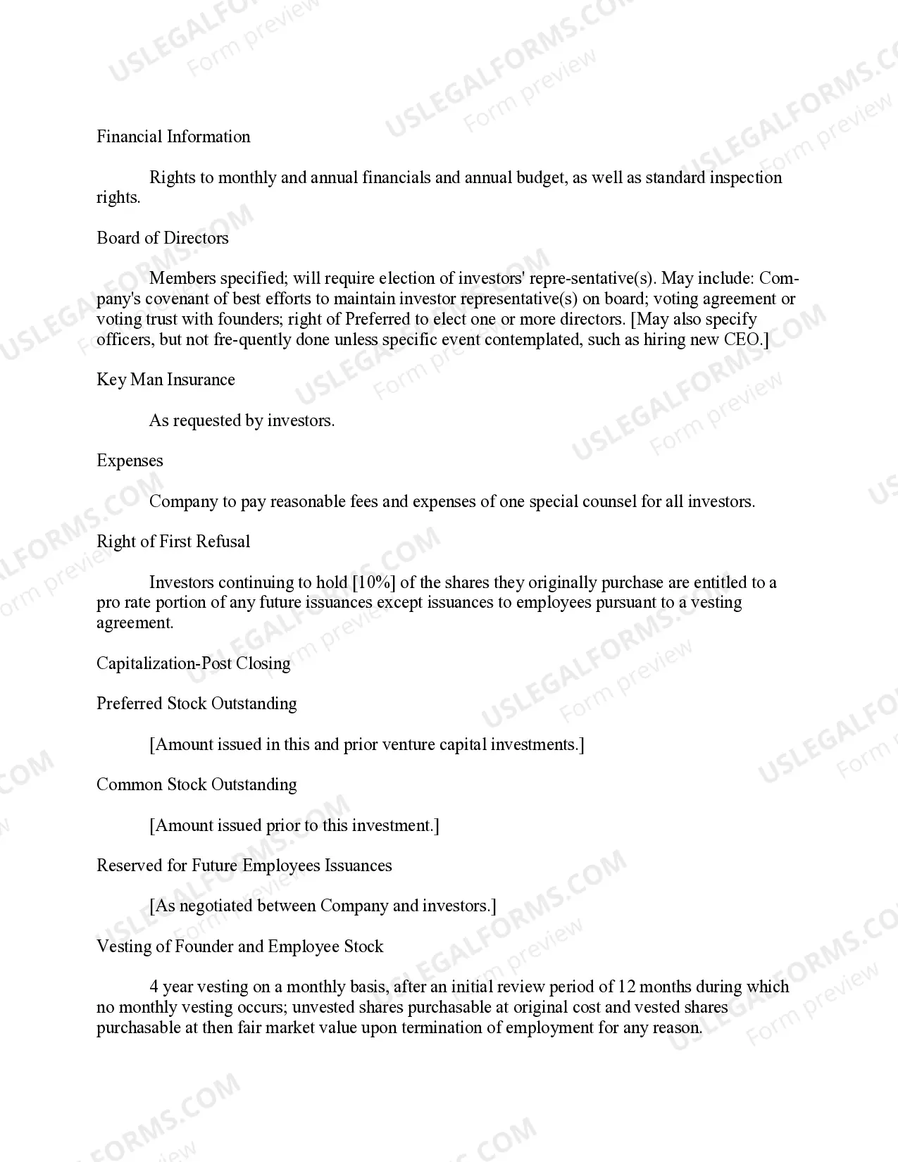 Preview Term Sheet for Venture Capital Investment