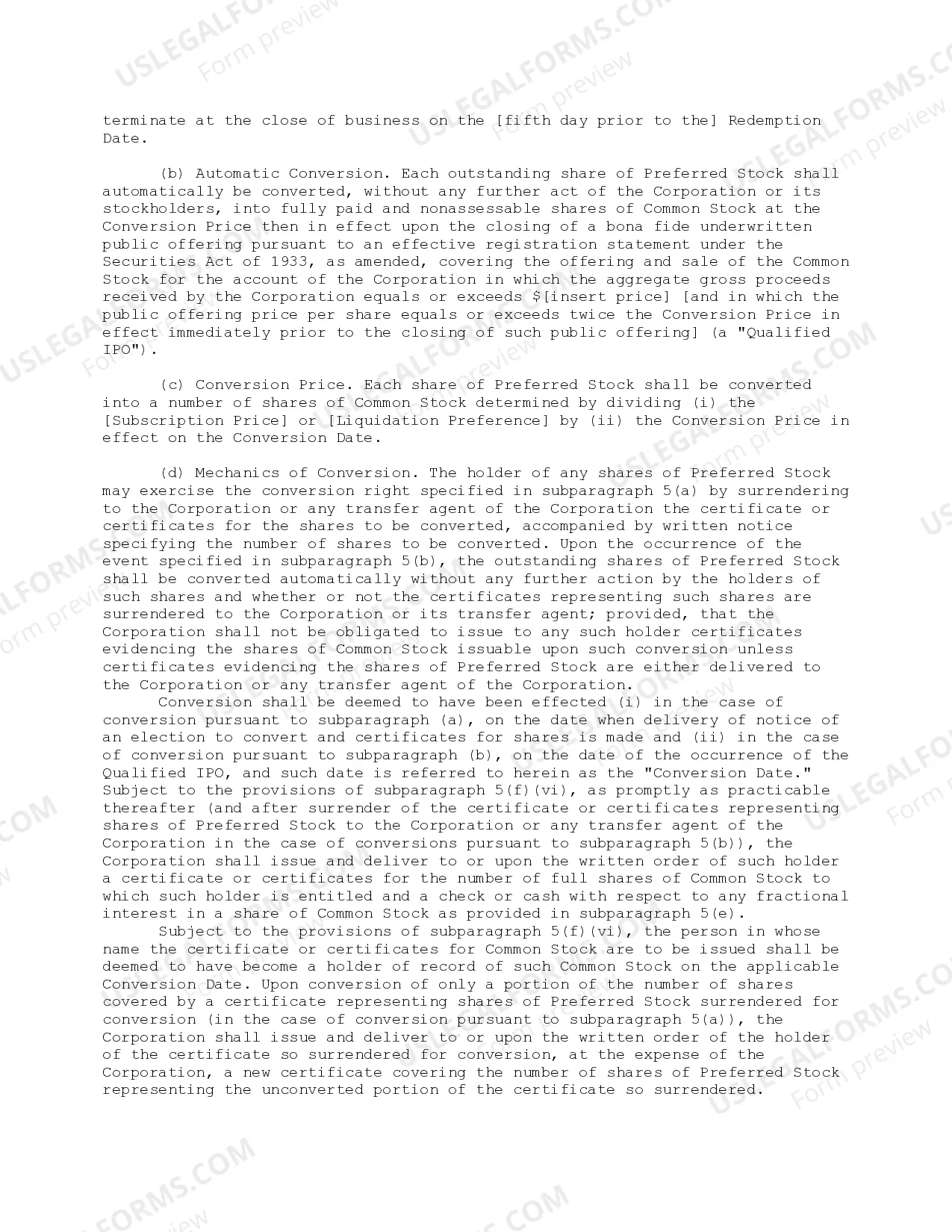 Preview Preferred Stock Provisions