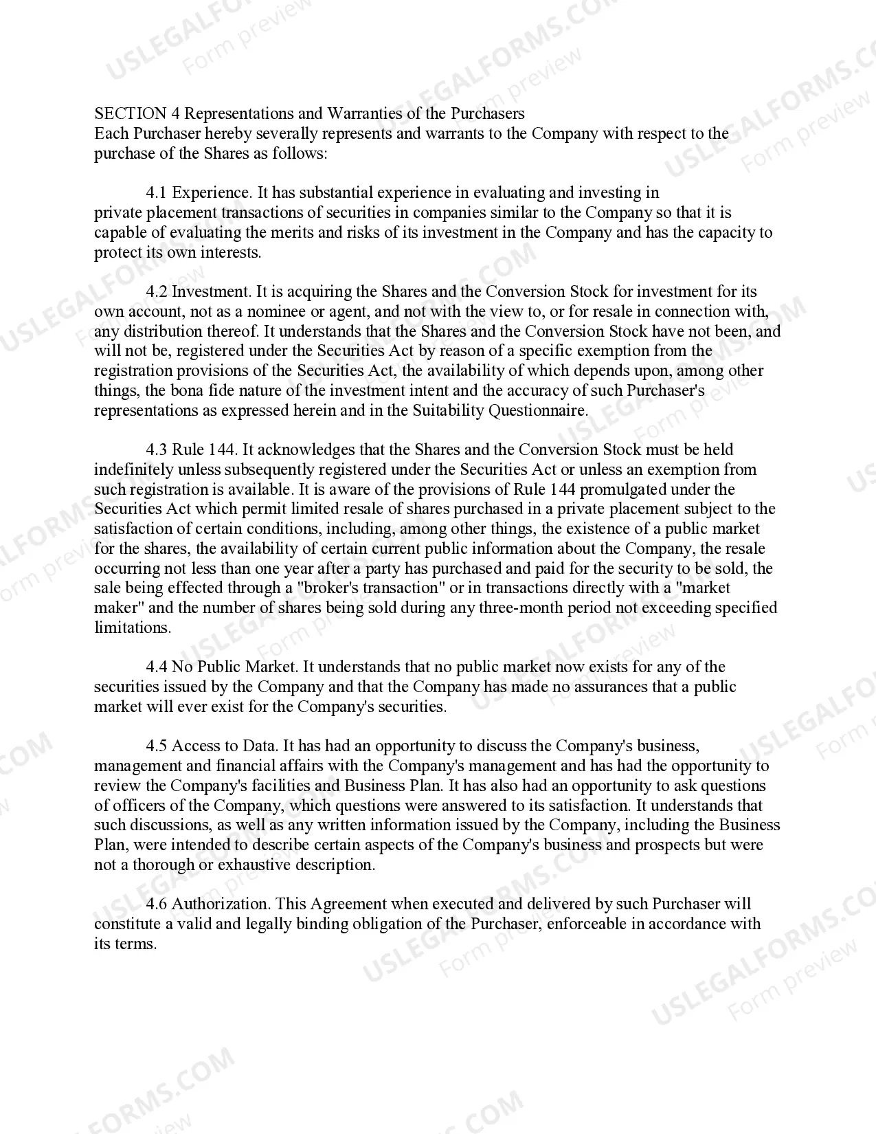 Preview Investor Stock Purchase Agreement