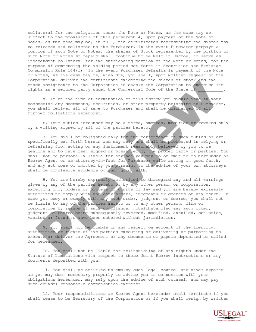 Preview Escrow Instructions for Escrow of Employee Stock