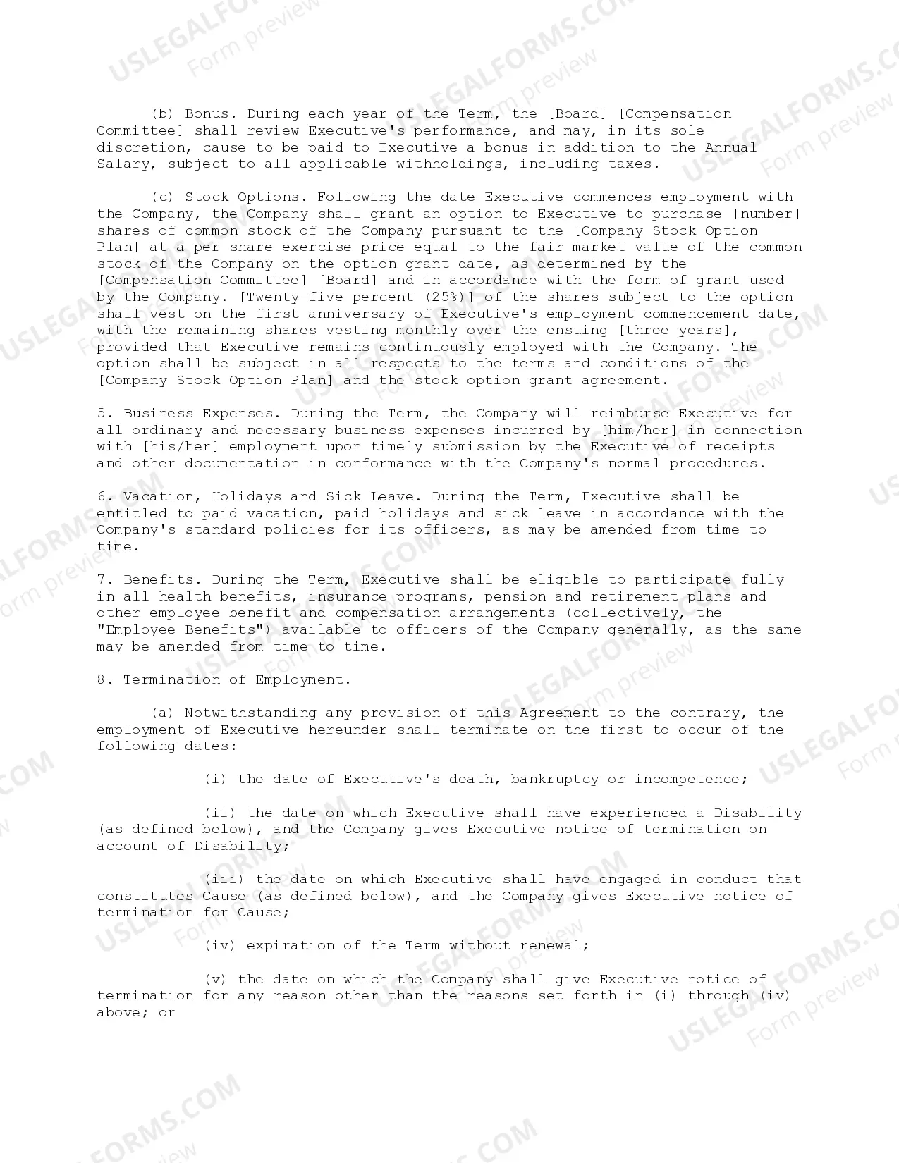 Preview Employment Agreement with President Coupled with a Stock Option Grant