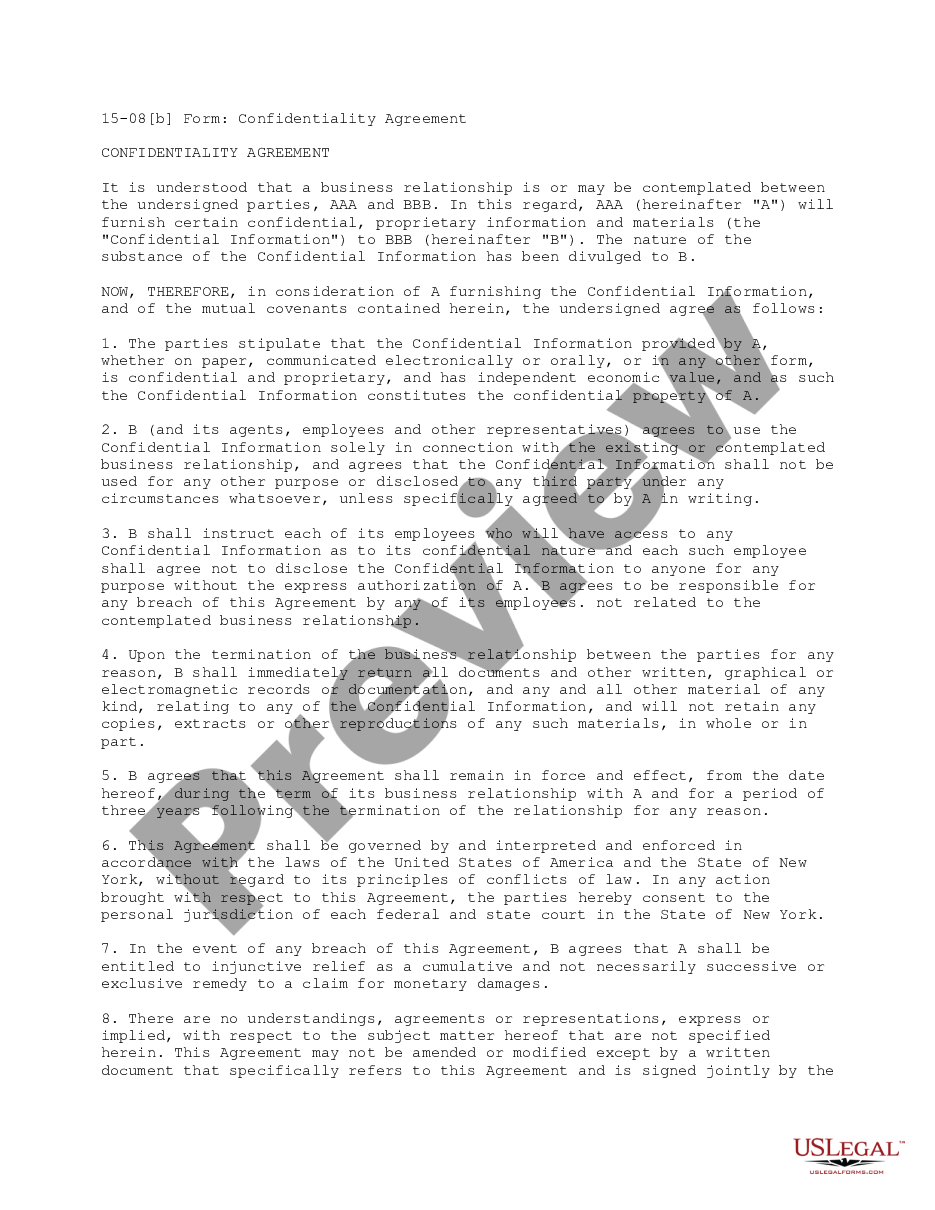 page 0 Confidentiality Agreement between Two Businesses preview