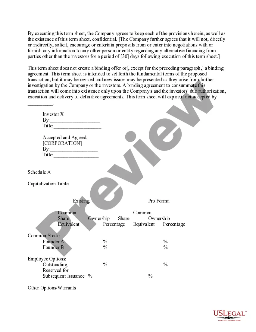 Preview Standard Term Sheet
