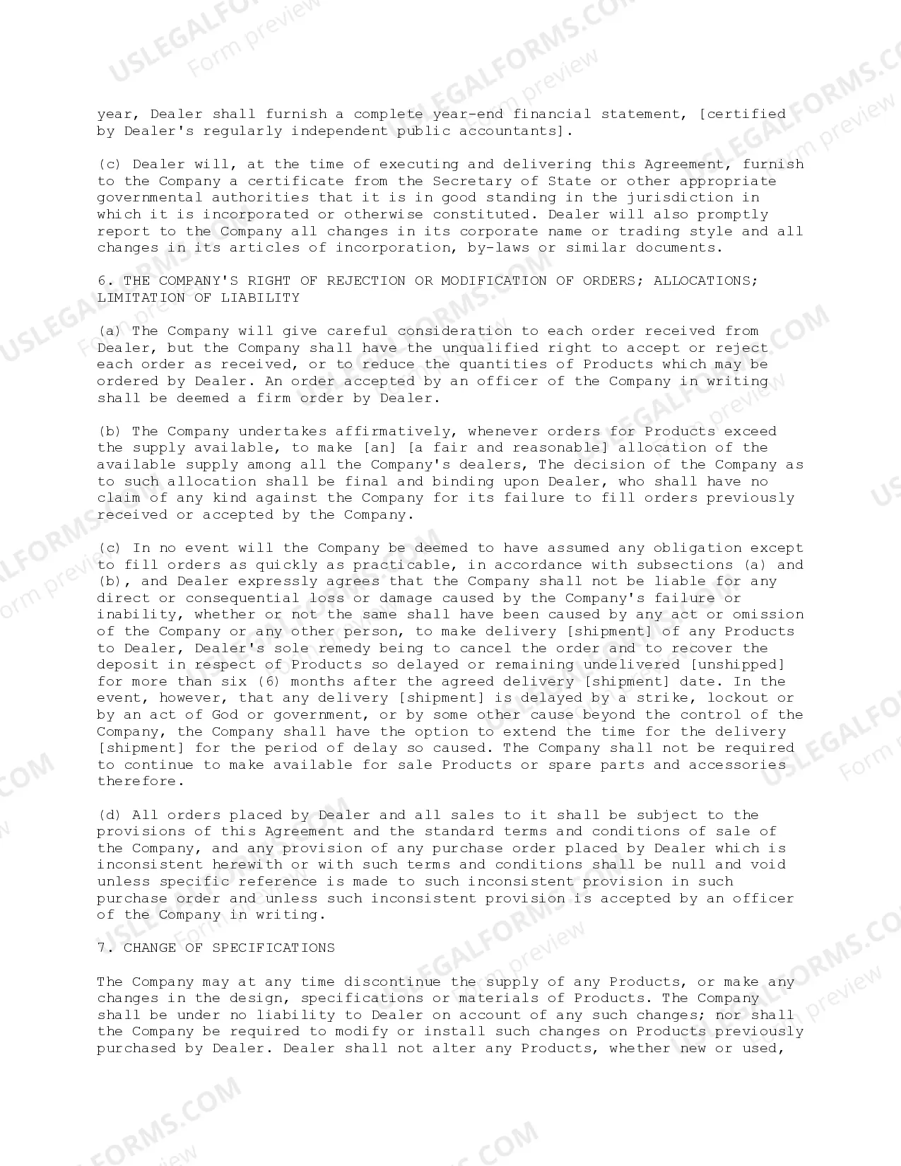 Preview Dealer Agreement with Commentary