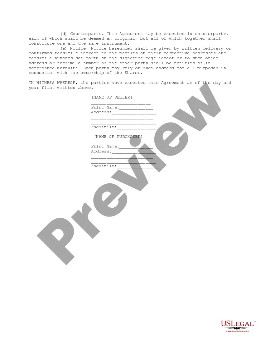 Preview Stock Purchase Agreement - Resale - Short Form