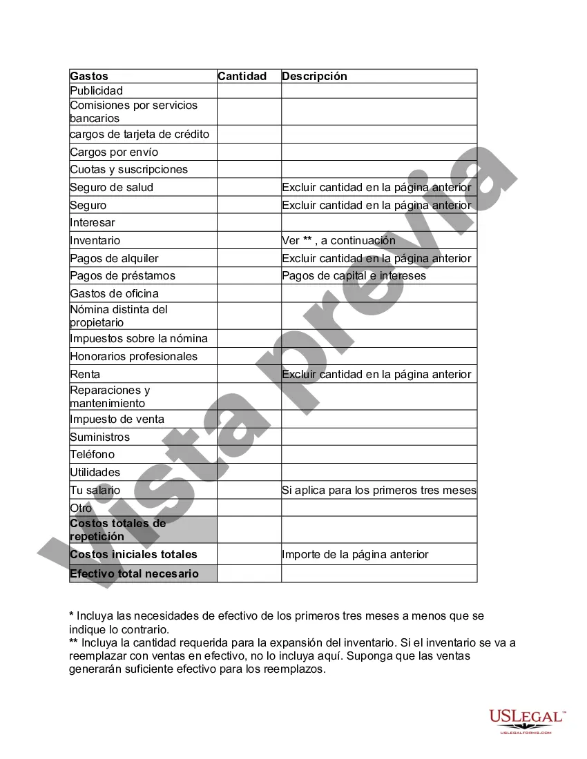 Preview Hoja de cálculo de costos de inicio de negocios