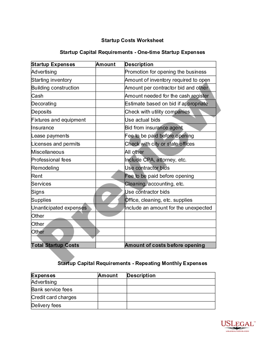 Business Startup Costs Spreadsheet Startup Costs US Legal Forms