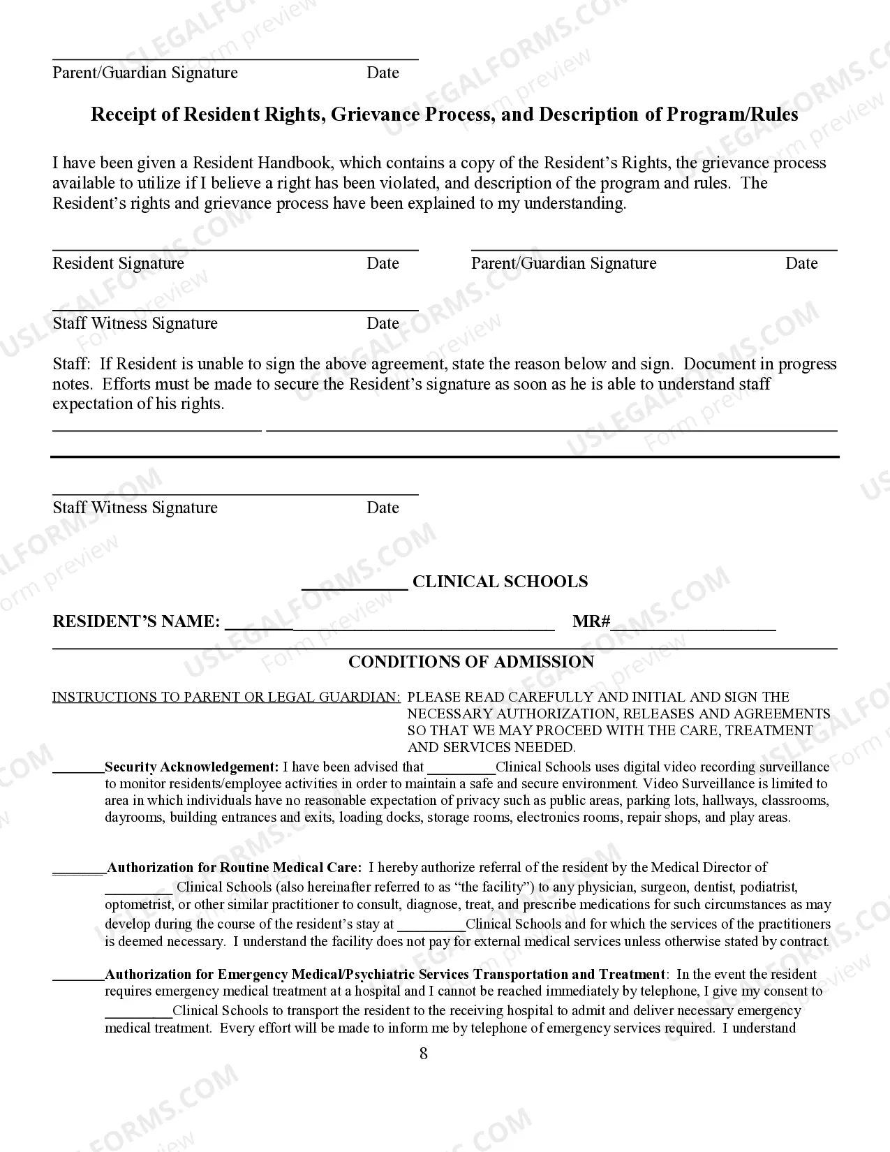 Preview Residential Treatment Clinical School Admission Packet