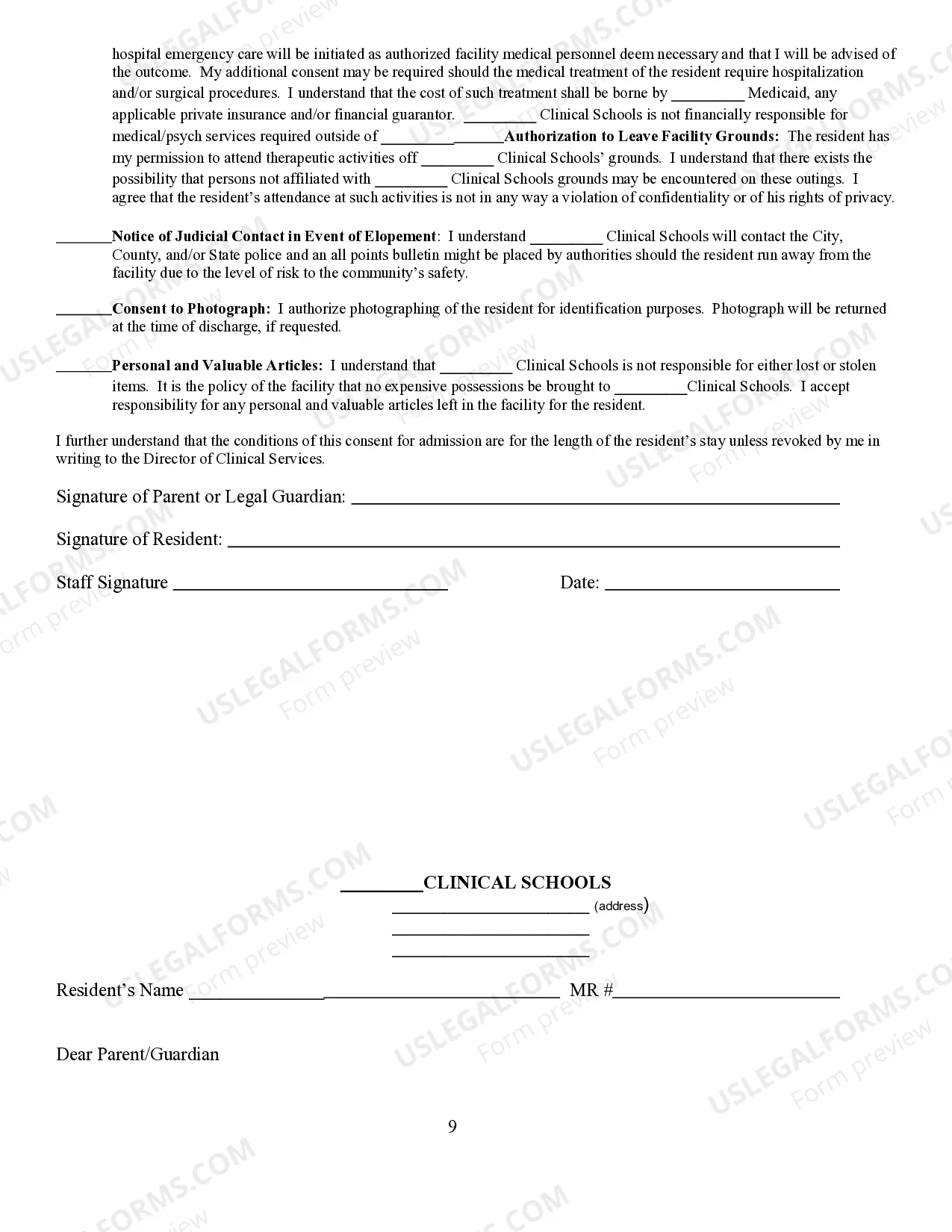 Preview Residential Treatment Clinical School Admission Packet