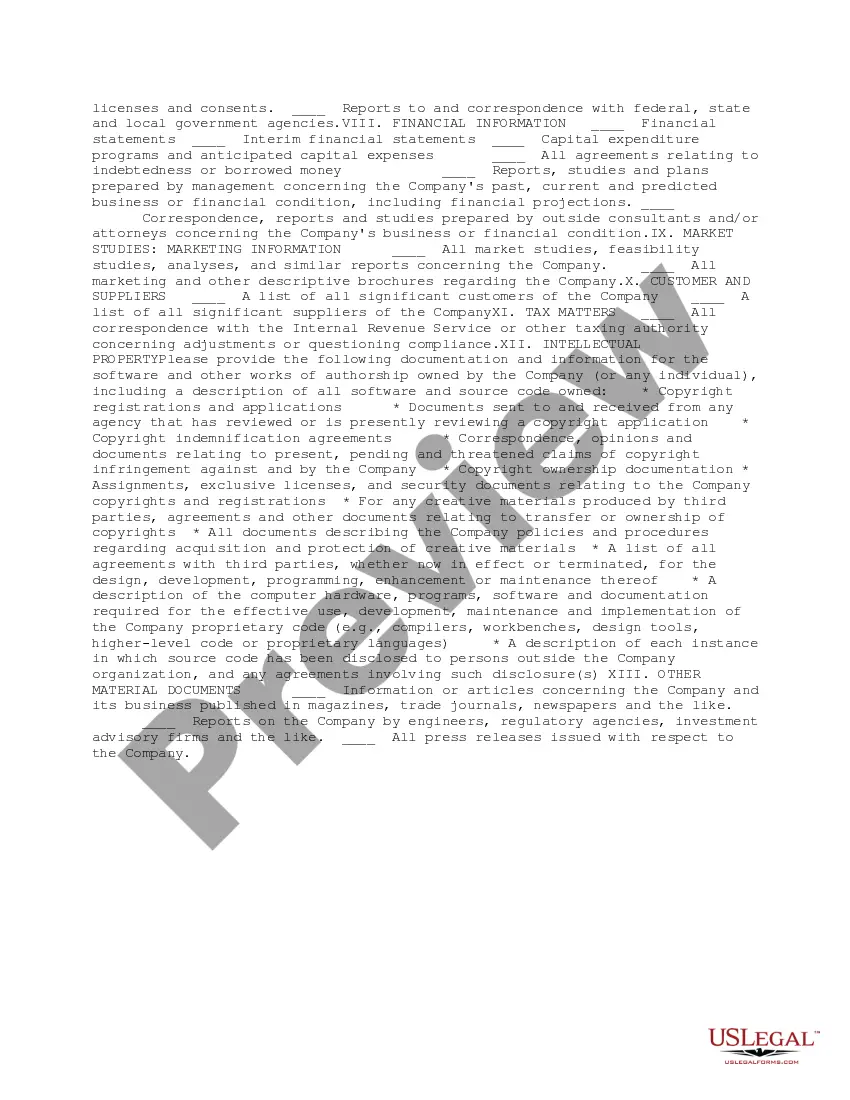 Preview Software Company Due Diligence Request List