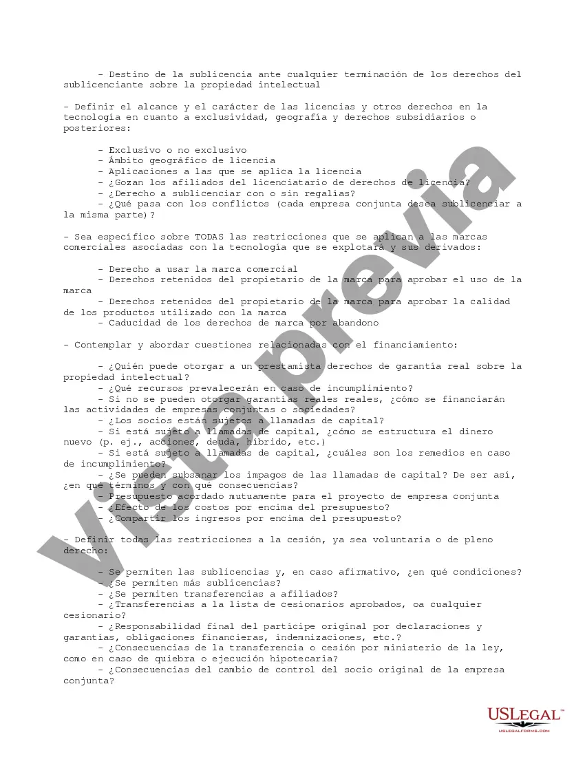 Get Lista de verificación para acuerdos de asociación y empresas conjuntas de propiedad intelectual Preview Lista de verificación para acuerdos de asociación y empresas conjuntas de propiedad intelectual