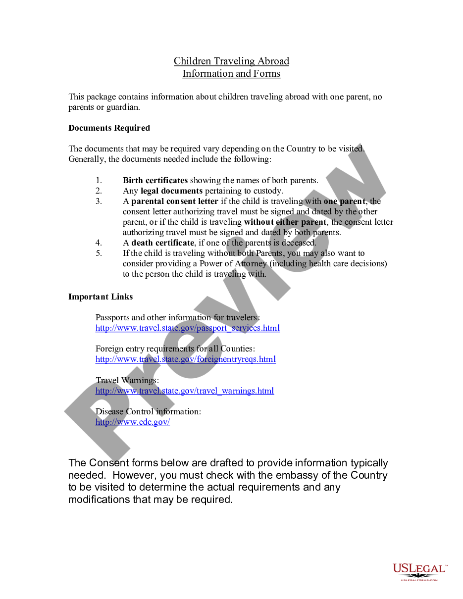page 0 Travel Consent Forms - Child or Children Traveling Abroad without both Parents - Foreign Travel or Country preview