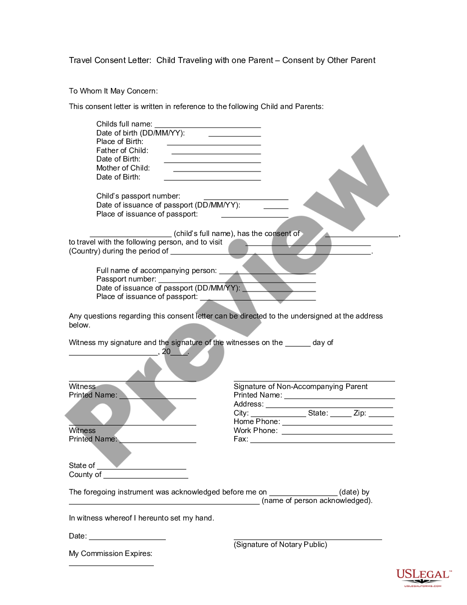 page 1 Travel Consent Forms - Child or Children Traveling Abroad without both Parents - Foreign Travel or Country preview