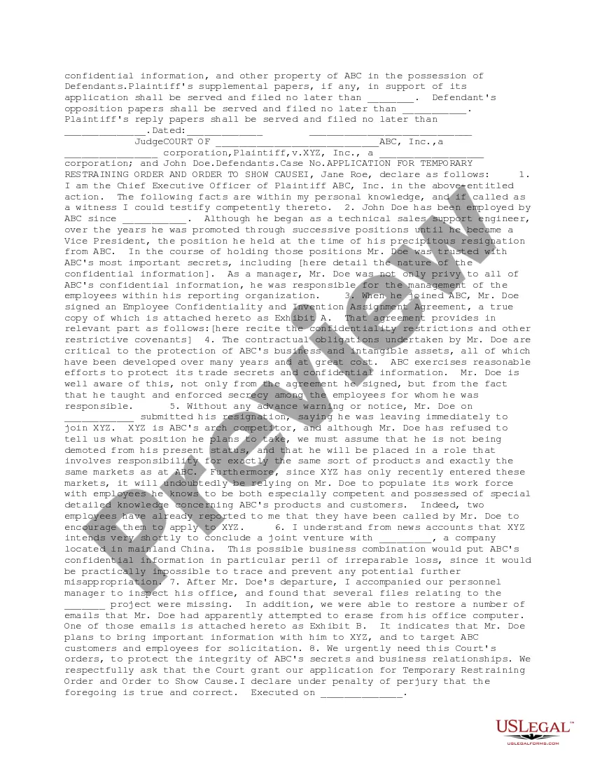 Preview Temporary Restraining Order and Order to Show Cause regarding Preliminary Injunction with Application Therefor