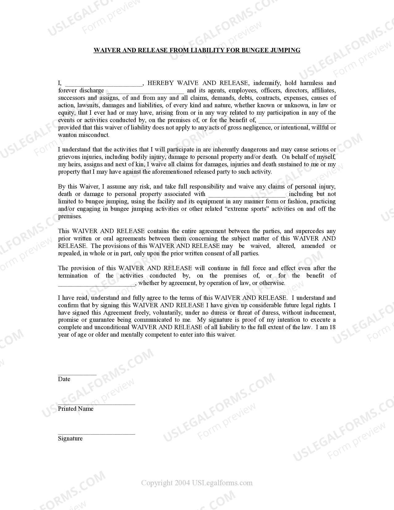 Nebraska Waiver and Release From Liability For Adult for Bungee Jump