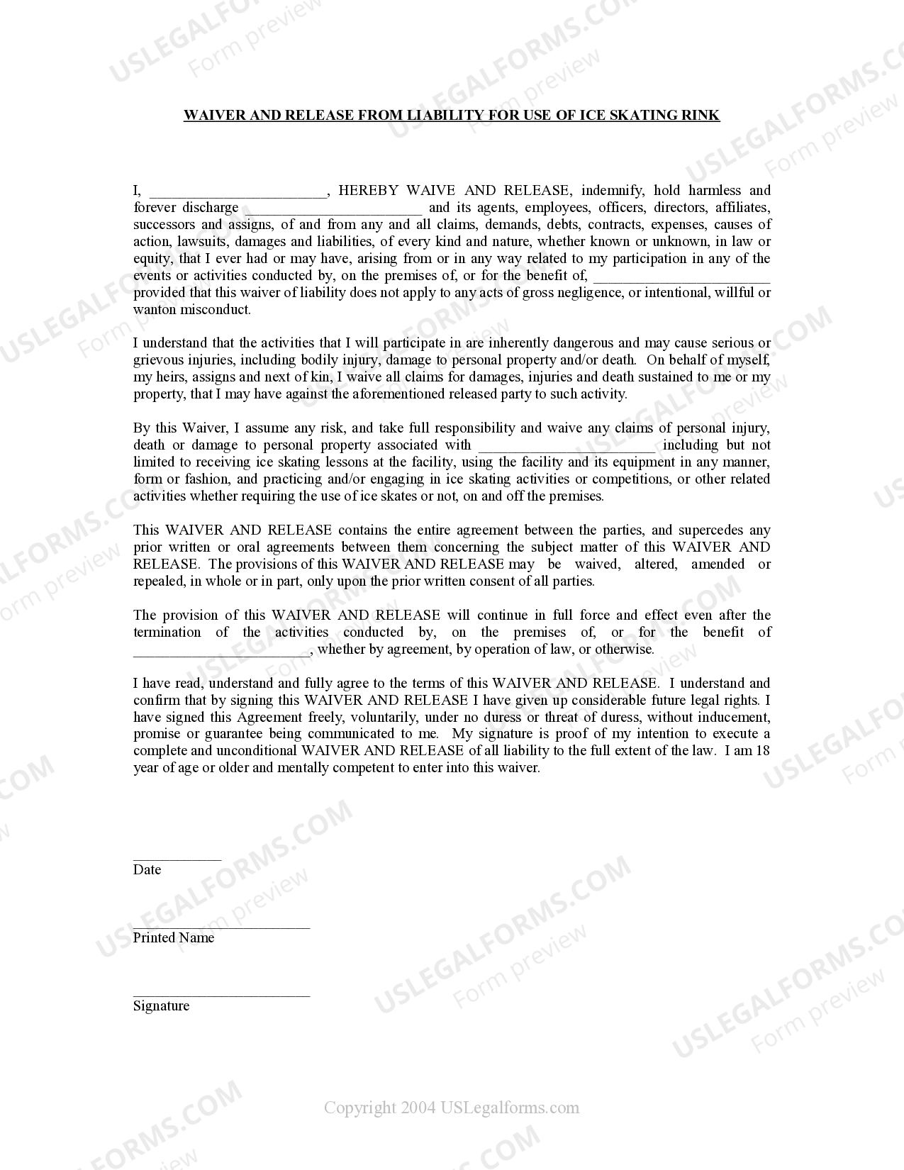 West Virginia Waiver and Release From Liability For Adult for Ice