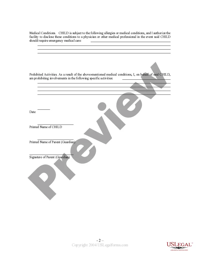 Get Waiver and Release From Liability For Minor Child for Exercise Facility Preview Waiver and Release From Liability For Minor Child for Exercise Facility