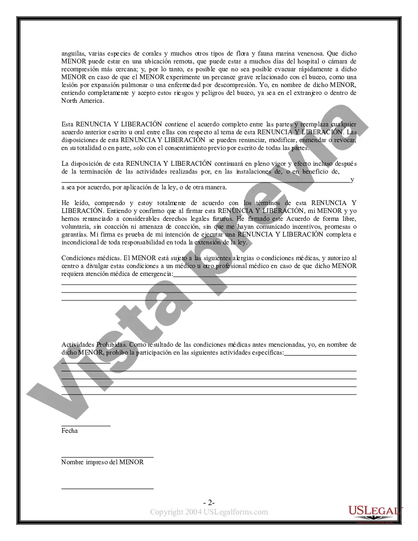 Preview Renuncia y Liberación de Responsabilidad para Menores de Edad por Buceo y Buceo de Piel