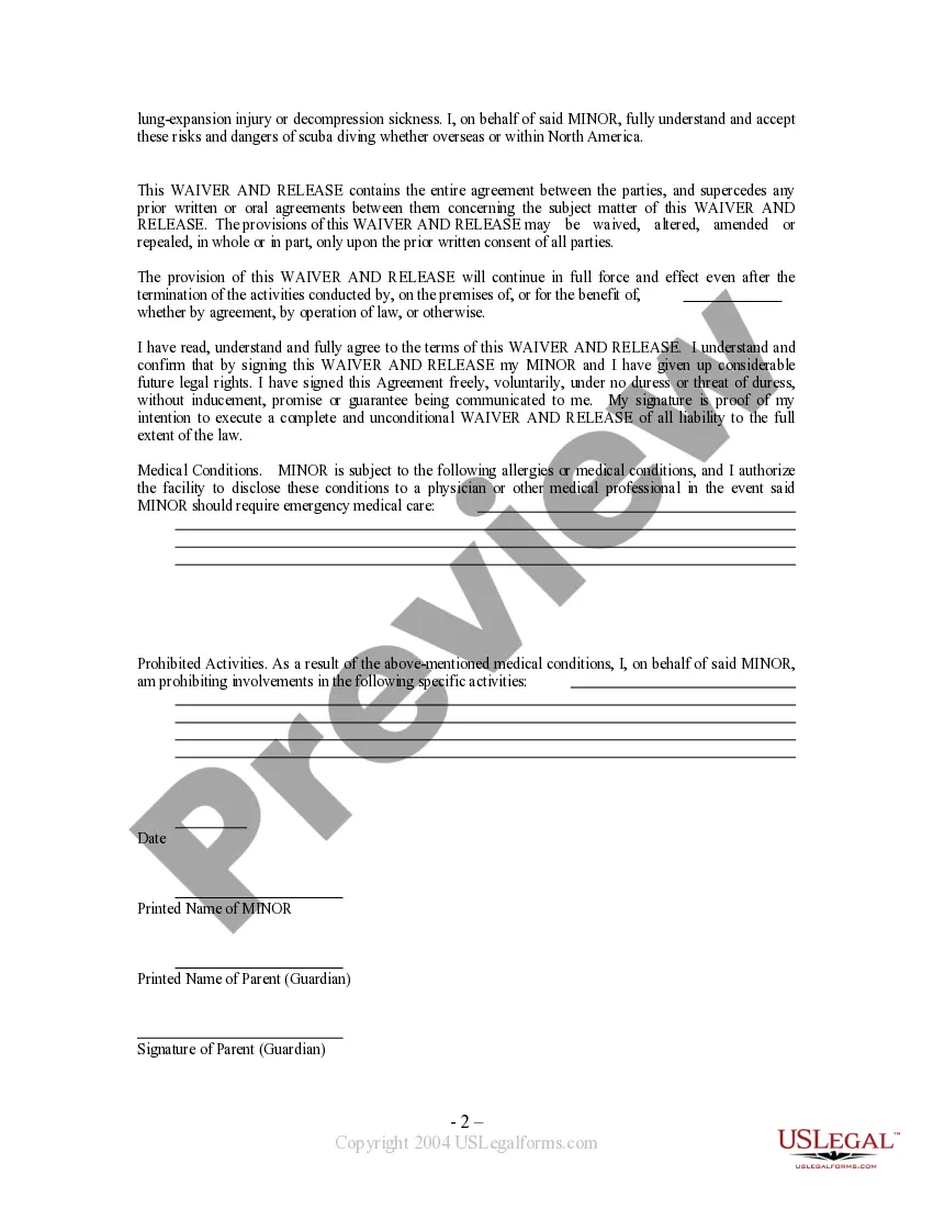 Get Waiver and Release From Liability For Minor Child for Scuba Diving and Skin Diving Preview Waiver and Release From Liability For Minor Child for Scuba Diving and Skin Diving