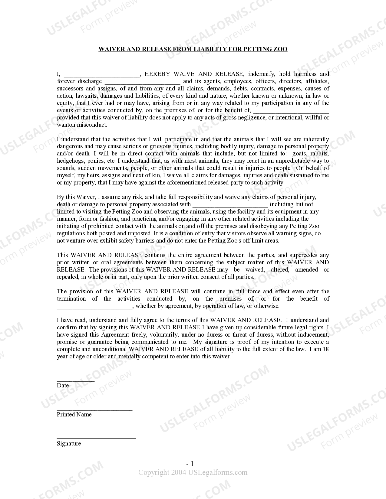 Kentucky waiver and release from liability for adult for petting zoo