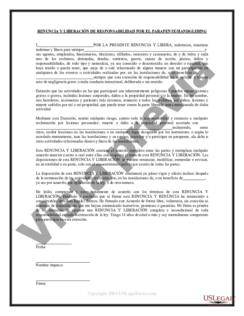 Preview Exención y liberación de responsabilidad para adultos por parapente o ala delta