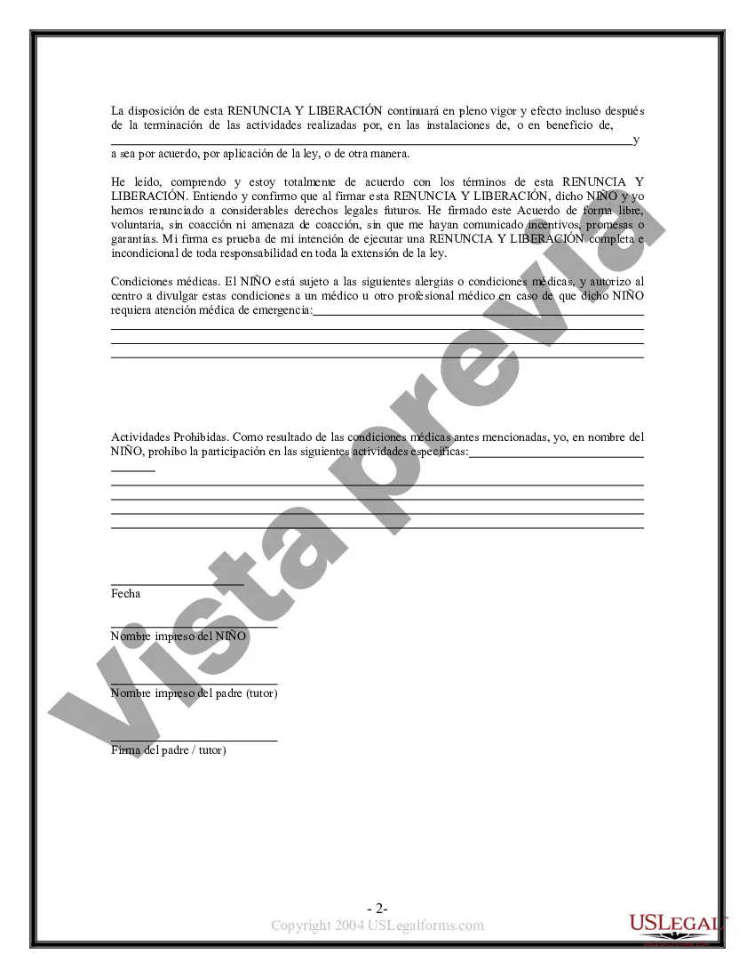 Preview Exención y liberación de responsabilidad para niños menores de edad para deportes de motor