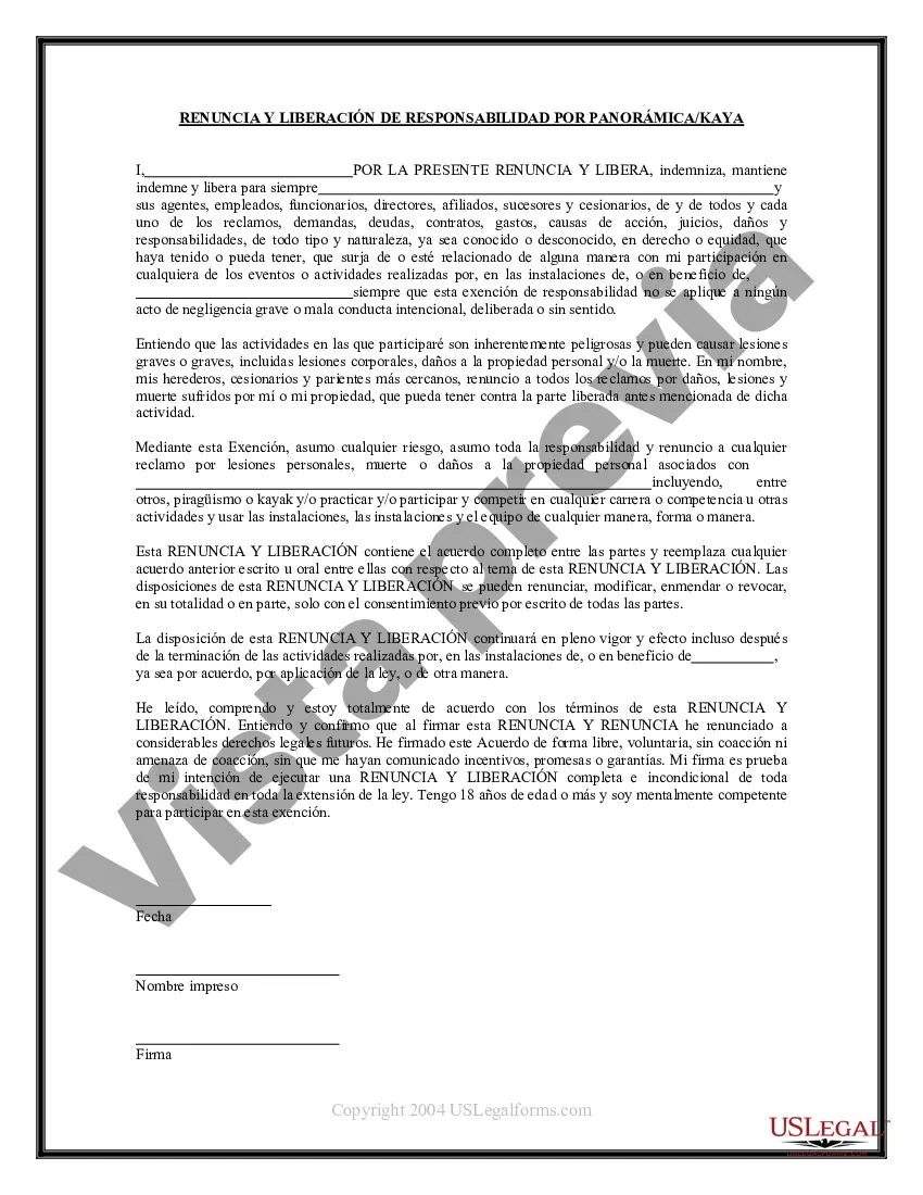 Preview Exención y liberación de responsabilidad para adultos por piragüismo - Kayak