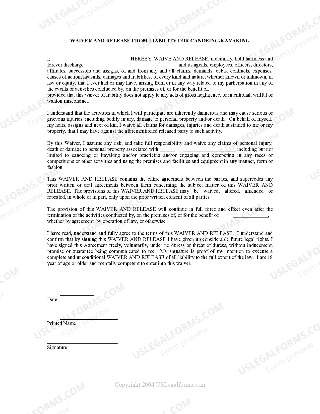 Virginia Waiver and Release From Liability For Adult for Canoeing