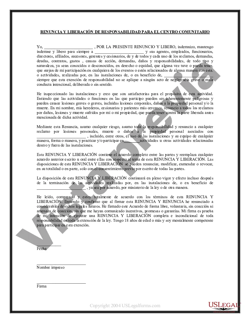 Preview Renuncia y Liberación de Responsabilidad para Adultos para el Centro Comunitario