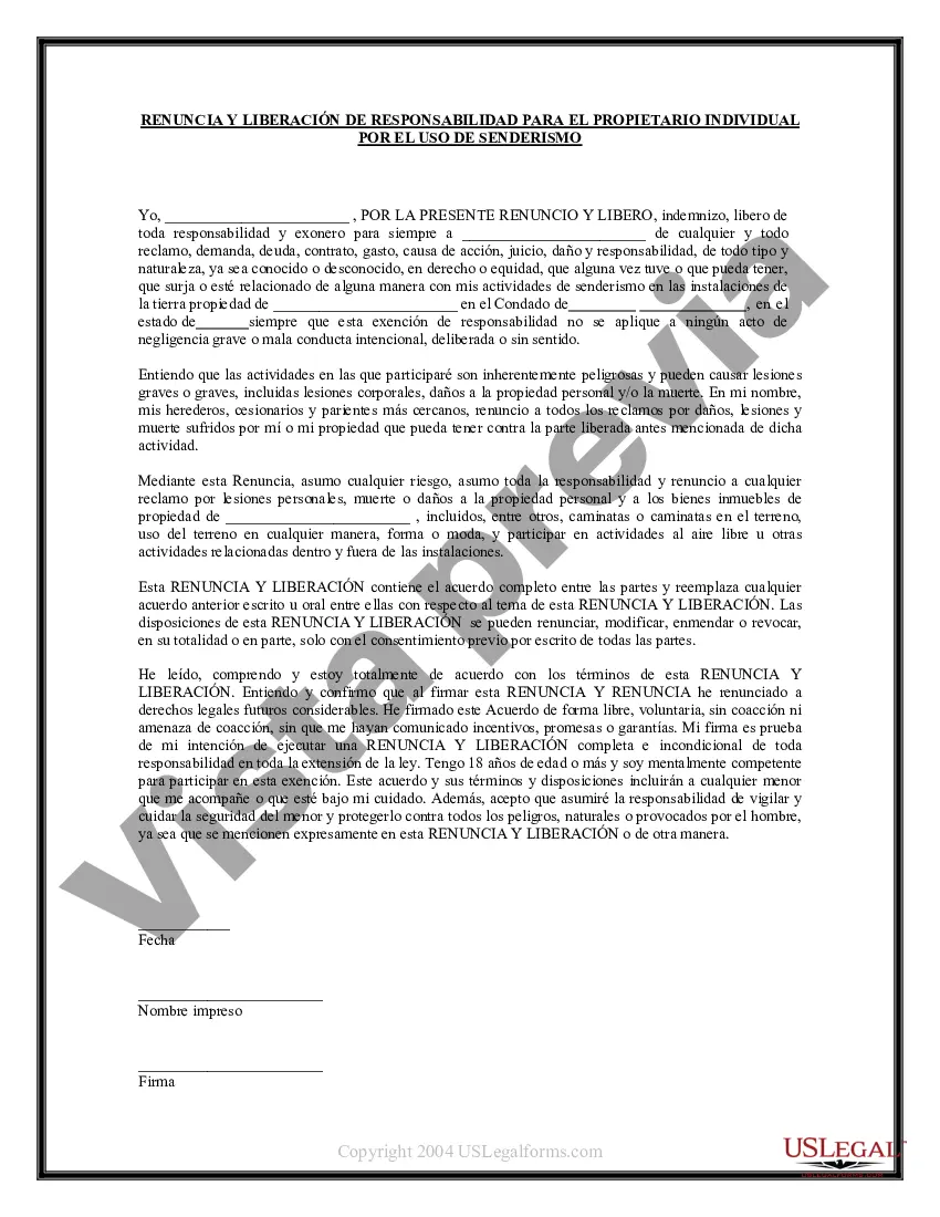Preview Renuncia y Liberación de Responsabilidad para Adultos por Terreno para Senderismo Individual