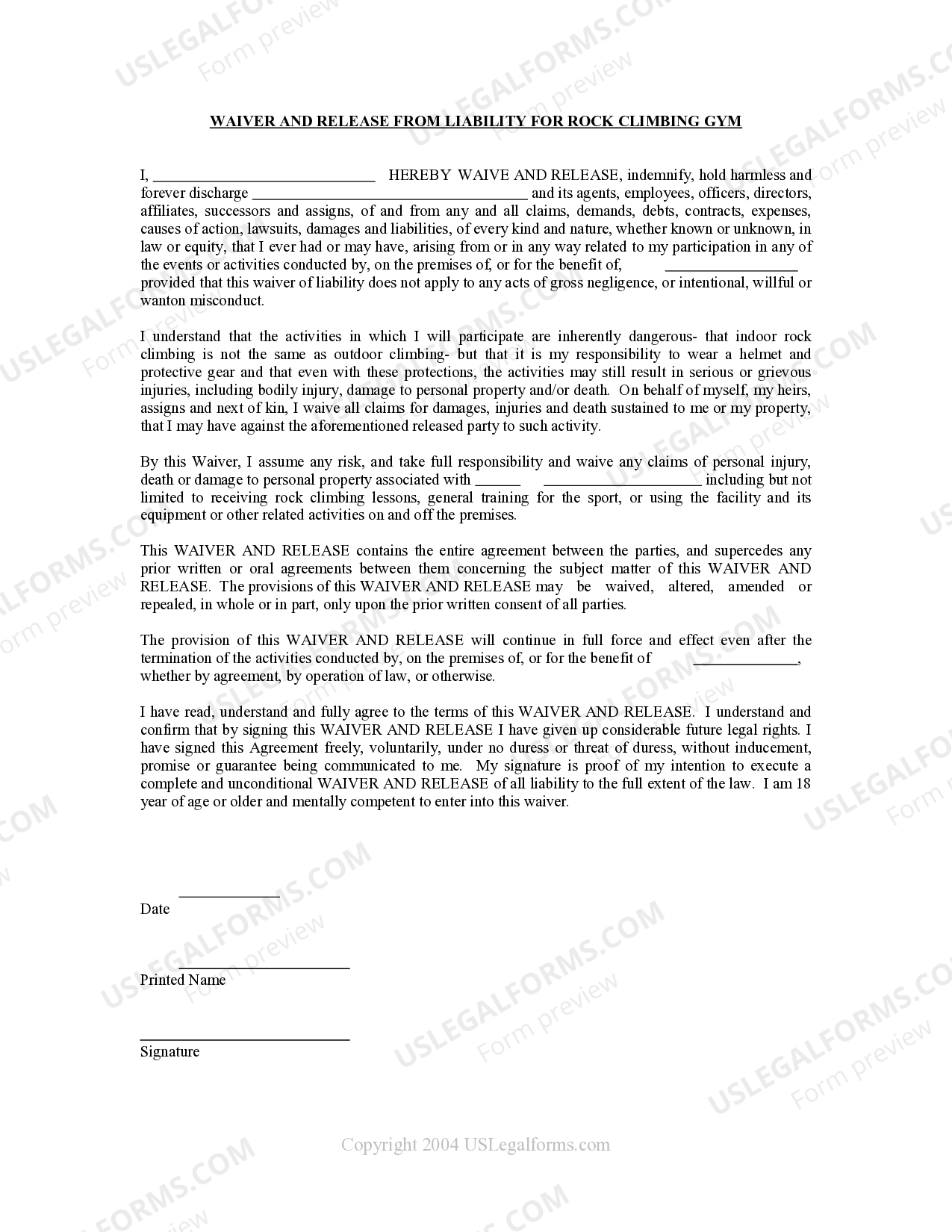 Rhode Island Waiver and Release From Liability For Adult for Rock