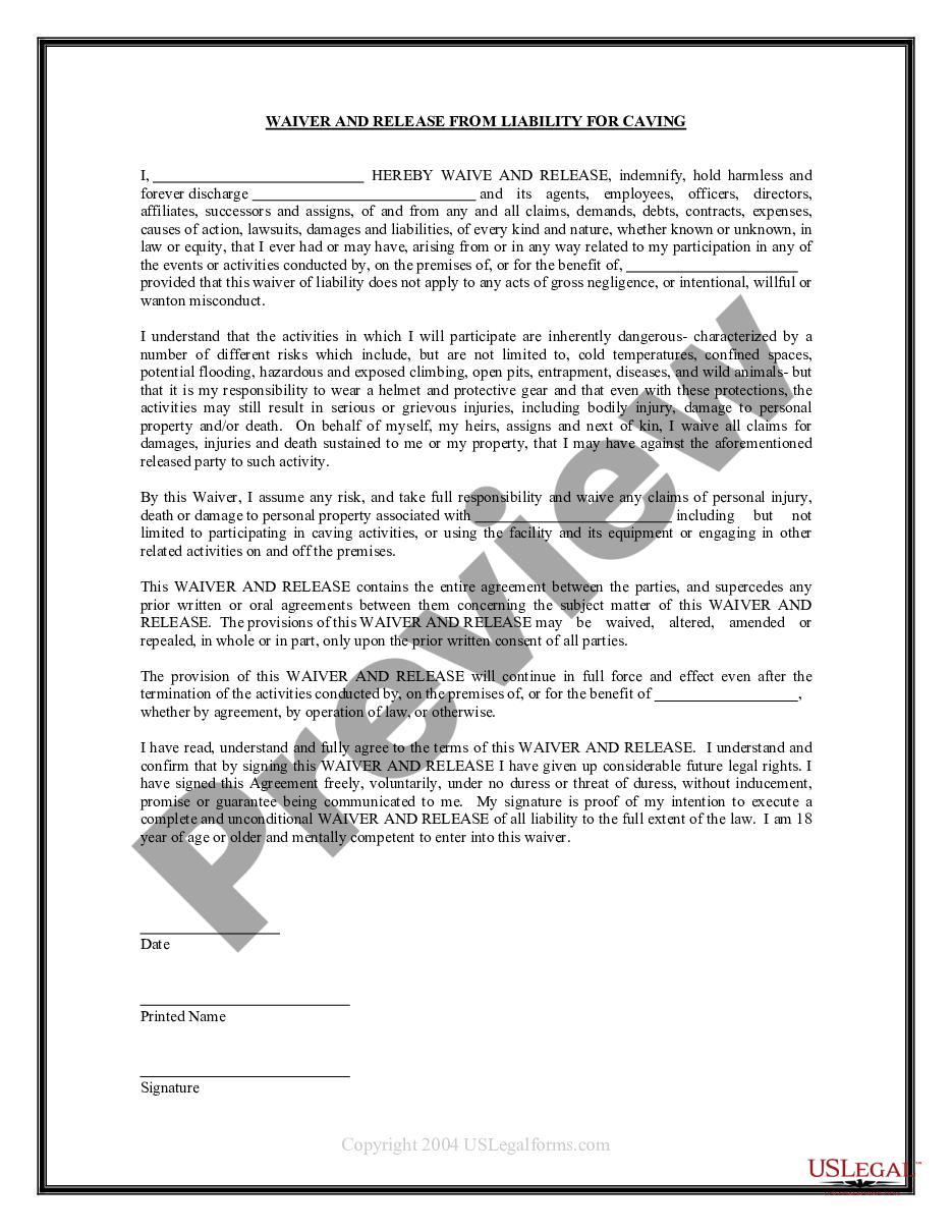 form Waiver and Release From Liability For Adult for Caving preview