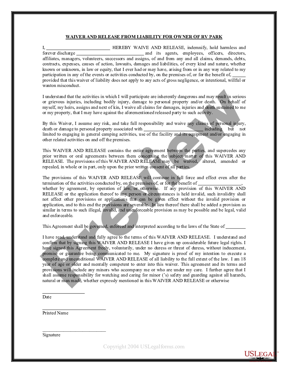 form Waiver and Release From Liability For Adult for Owner of RV Park preview