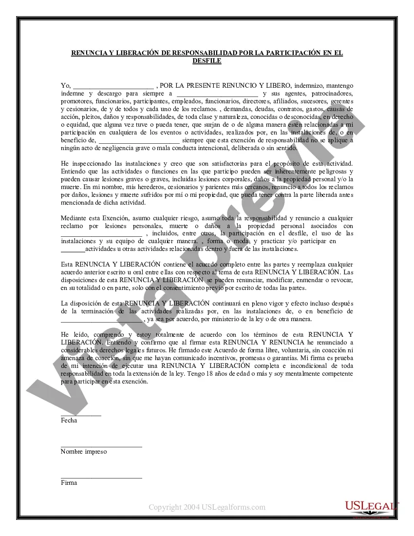 Preview Renuncia y exención de responsabilidad para adultos por la participación en el desfile