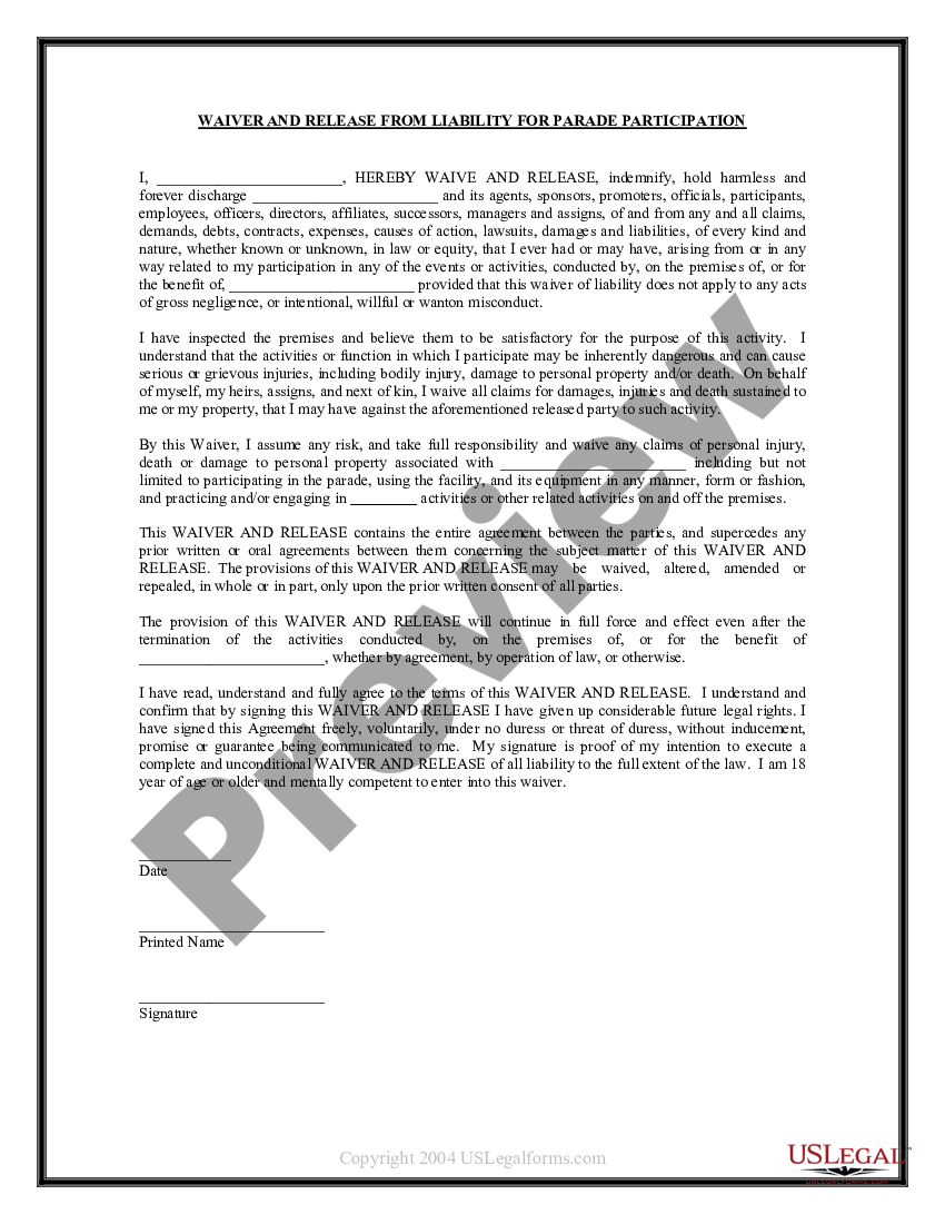 Texas Waiver And Release From Liability For Adult For Parade Participation Us Legal Forms 1974