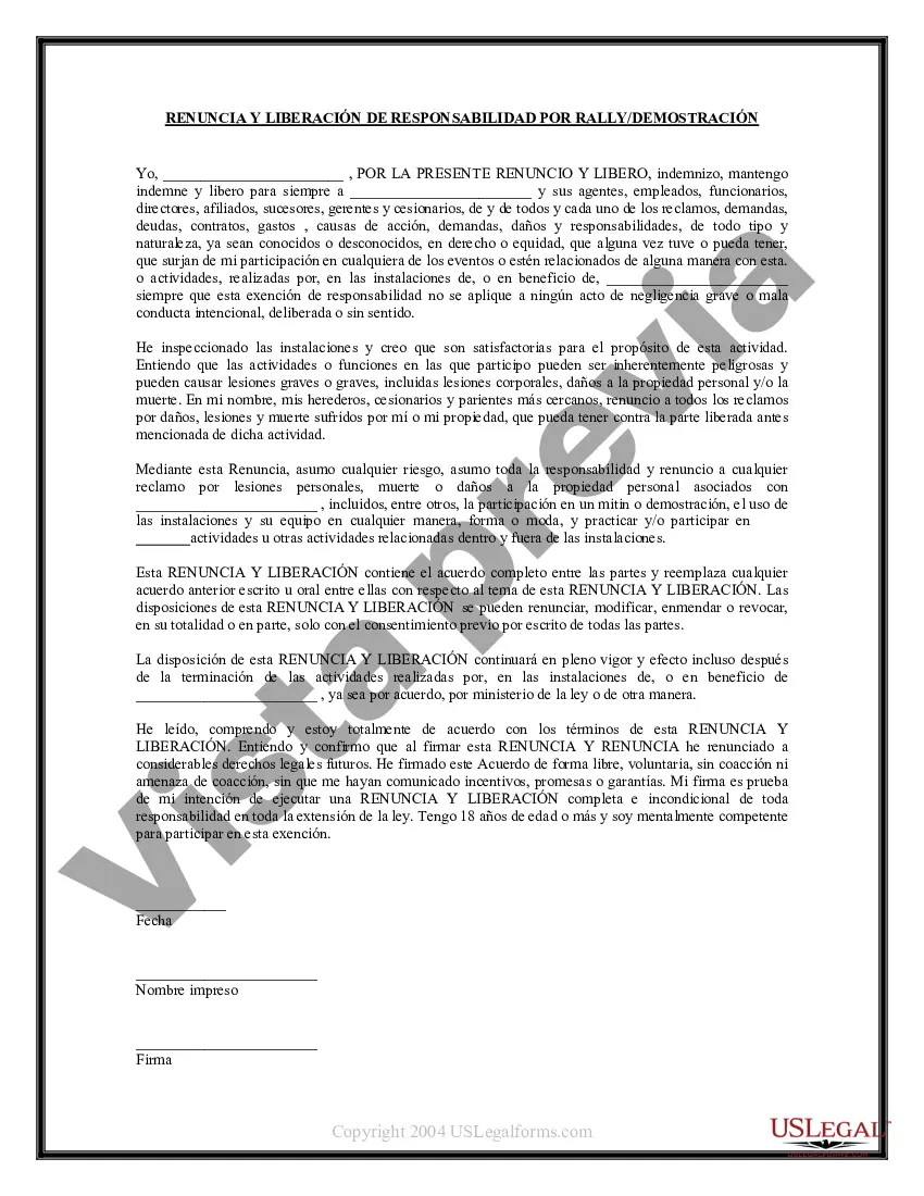 Preview Renuncia y Liberación de Responsabilidad para Adultos por Participación en Carreras