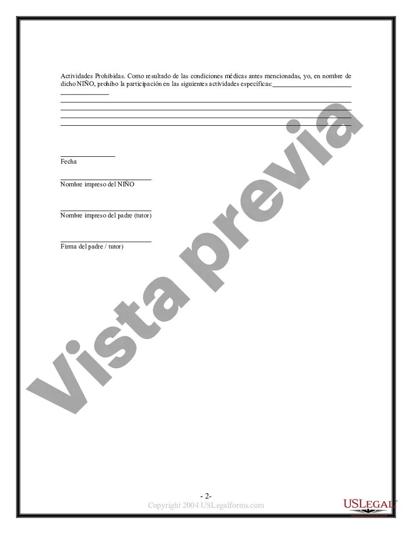 Preview Exención y liberación de responsabilidad para un niño menor de edad por cuidado de la casa