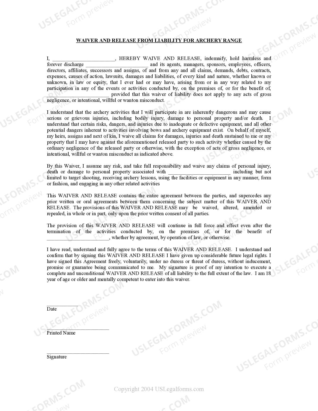 District of Columbia Waiver and Release From Liability For Adult for