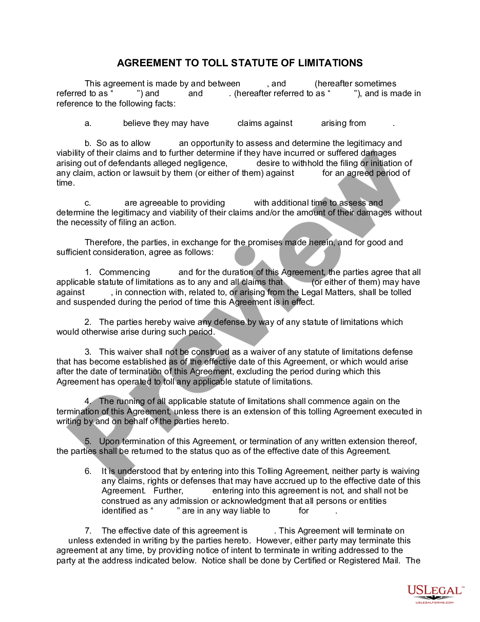 page 0 Agreement to Toll Statute of Limitations preview