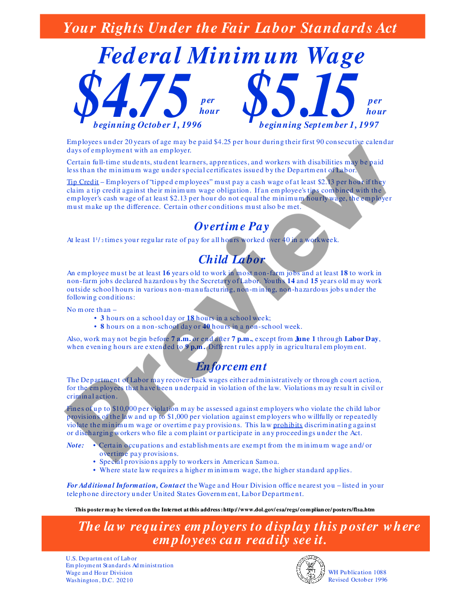 Pima Arizona Fair Labor Standards Act FLSA Minimum Wage Poster US